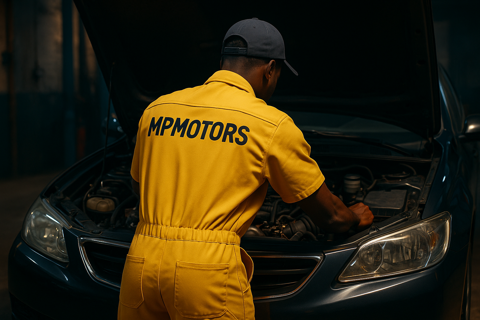 Mechanic working on a car at a garage